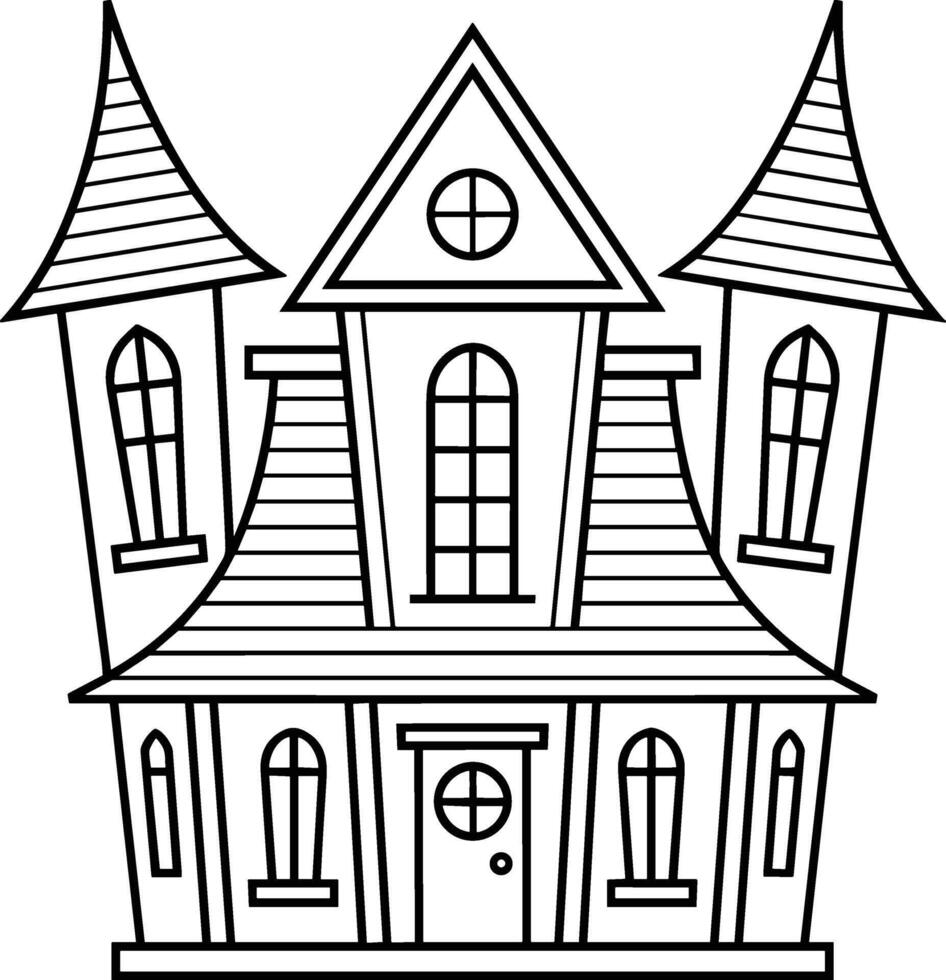Whimsical Haunted House Line Art Illustration with Gothic Towers and Arched Windows vector