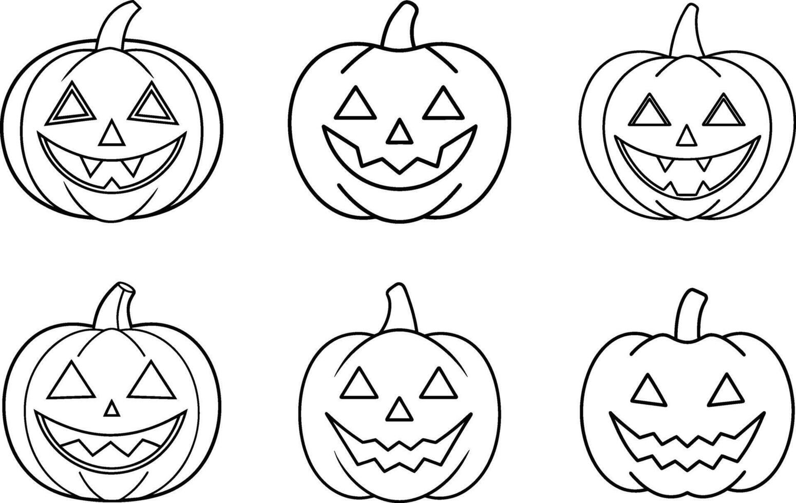 Set of Halloween Pumpkin Faces - Jack-o'-Lantern Line Art Collection vector