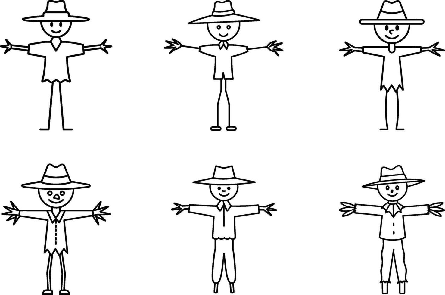 Set of Scarecrow Line Art Illustrations - Hand Drawn Farm Characters vector