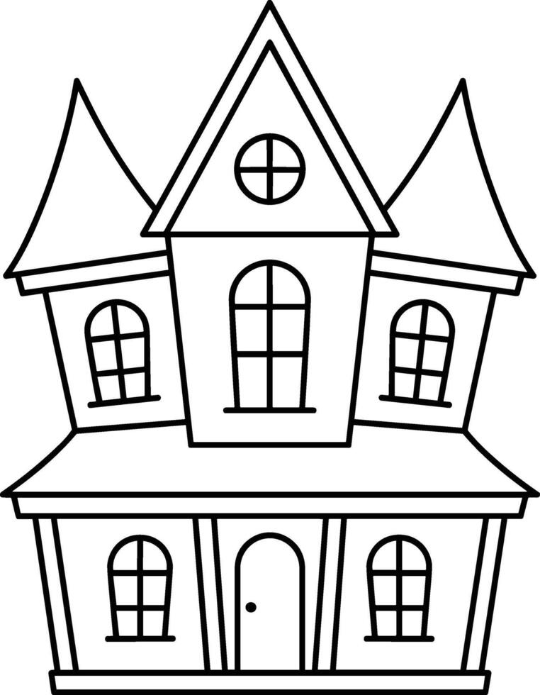 Cute Spooky House Line Art Illustration with Pointed Roofs and Arched Windows vector