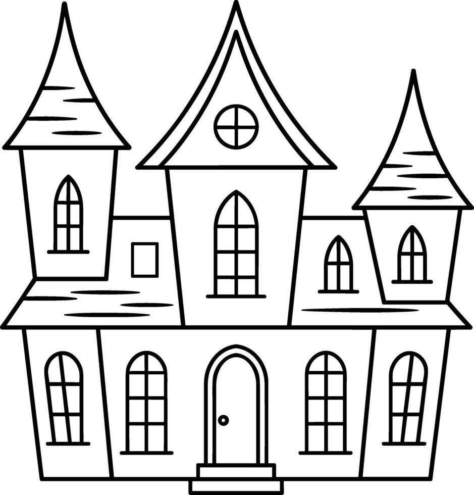 Haunted House Line Art Illustration with Gothic Towers and Arched Windows vector