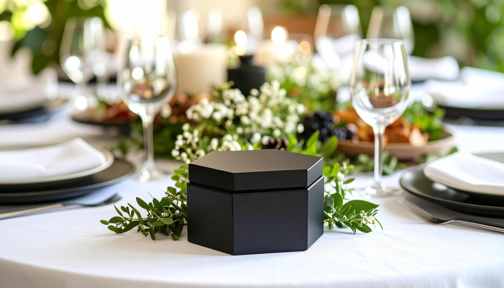 Black Hexagon Skincare Jar On Family Dining Table photo