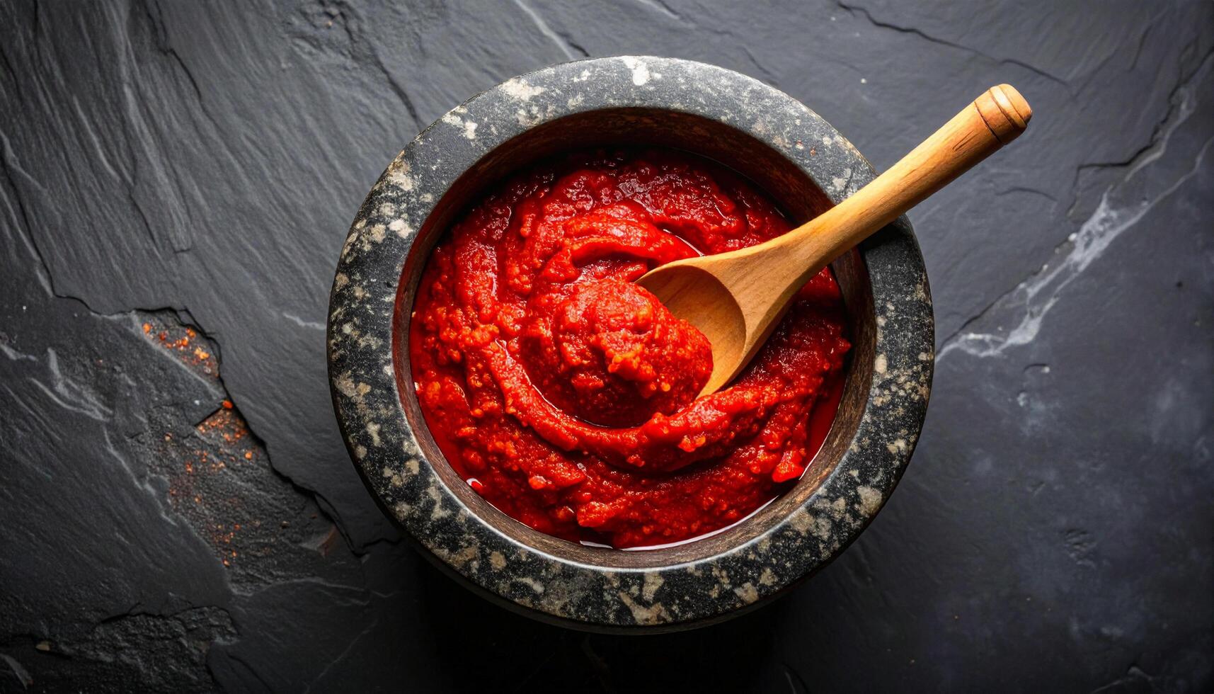 Red Chili Paste In Mortar With Spoon photo
