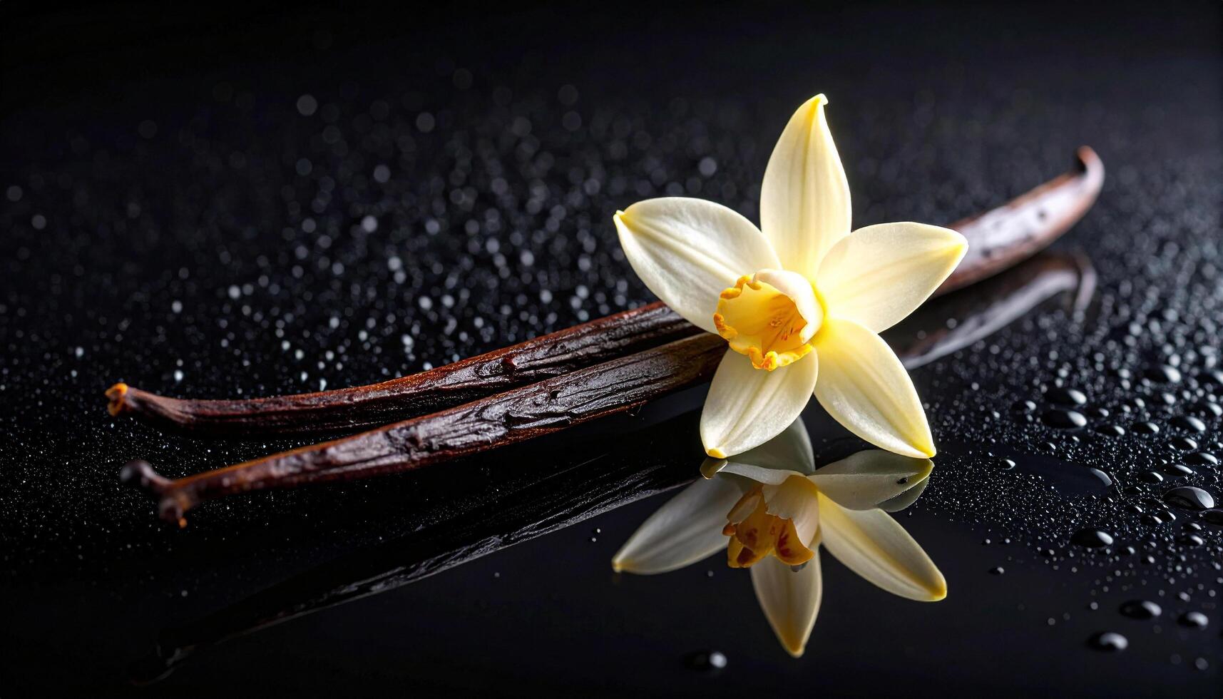 Vanilla Pod On Glossy Liquid With Droplets photo