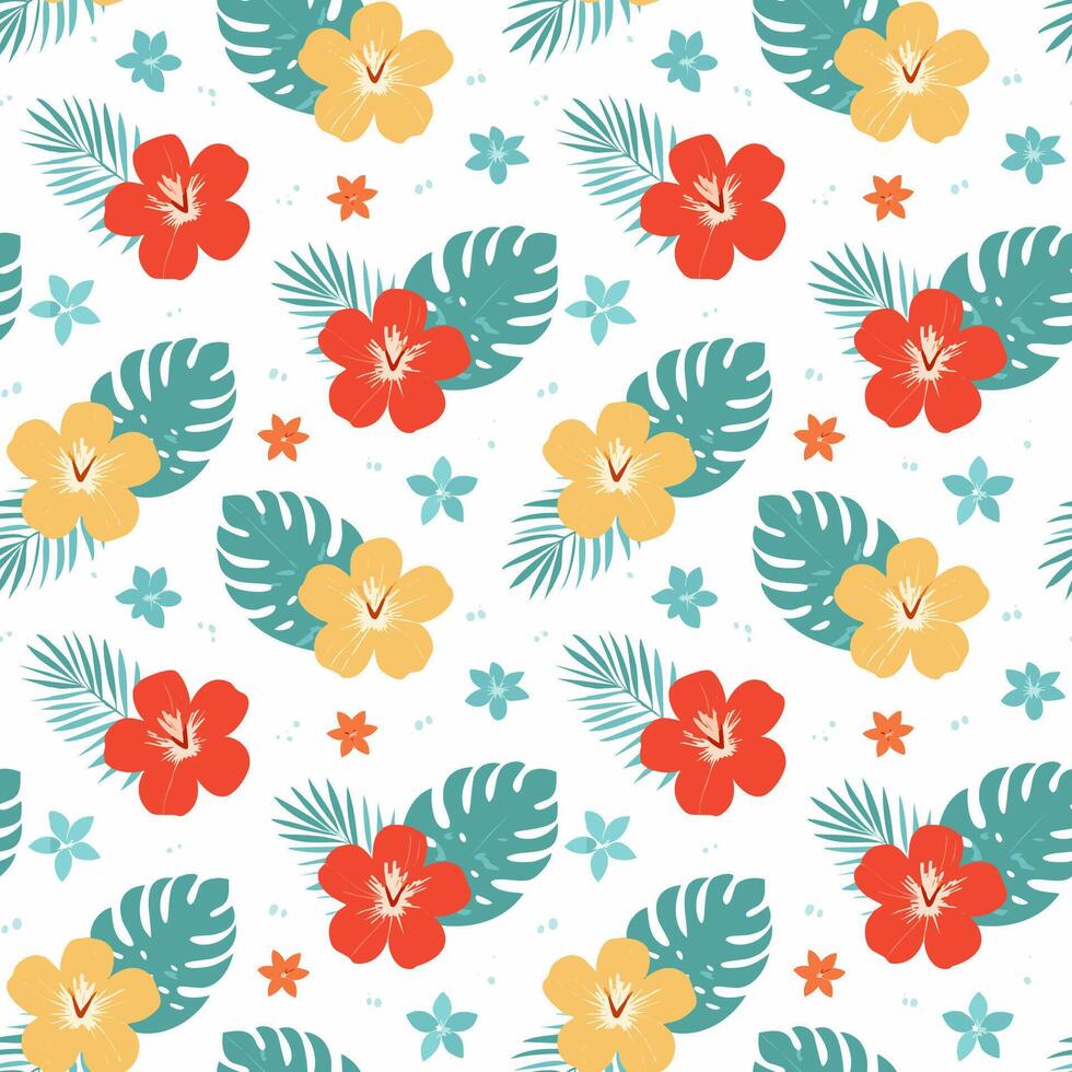 Tropical Floral Pattern with Hibiscus and Palm Leaves vector
