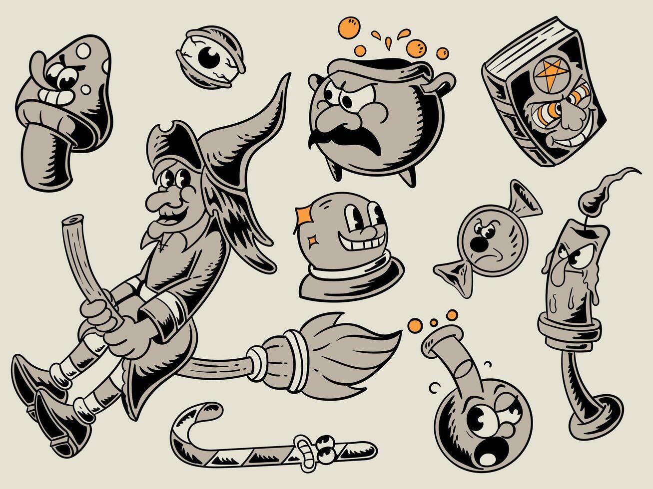 vintage cartoon-style Halloween stickers in a monochrome palette vector
