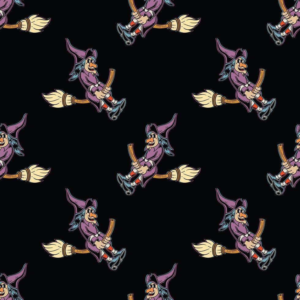 Seamless Retro Flying Witch Pattern on Black vector