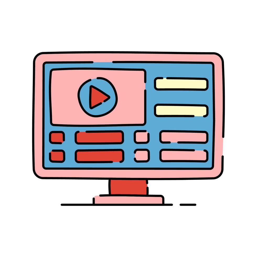 Videography Monitor Doodle style, computer screen with media controls representing videography editing, great for videography, film, or digital content creation. vector