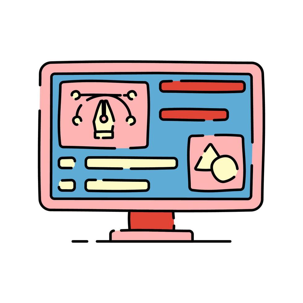 Design Monitor Doodle style, screen displaying a creative workspace with drawing tools, symbolizing UI UX design or creative editing work, ideal for digital design projects. vector