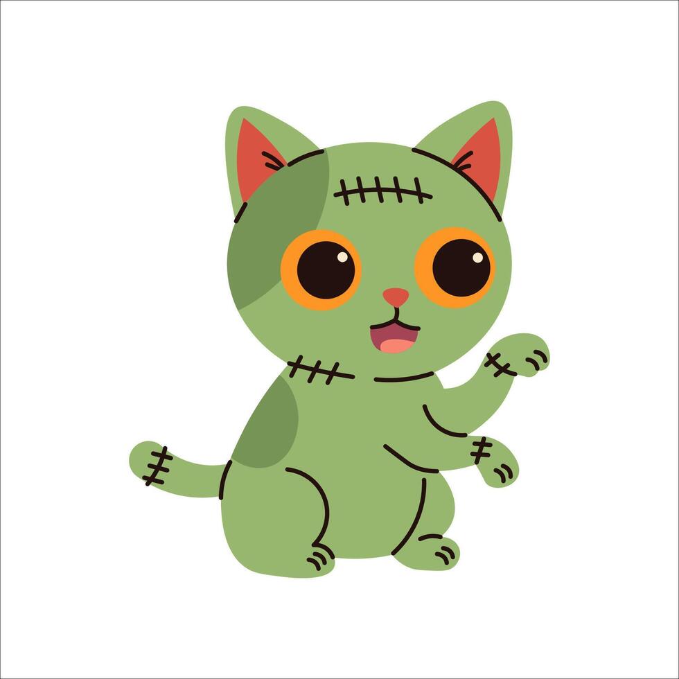 Cute green cat illustration in Frankenstein costume, ideal for Halloween designs, spooky party decor, themed greeting cards, and playful seasonal projects. vector