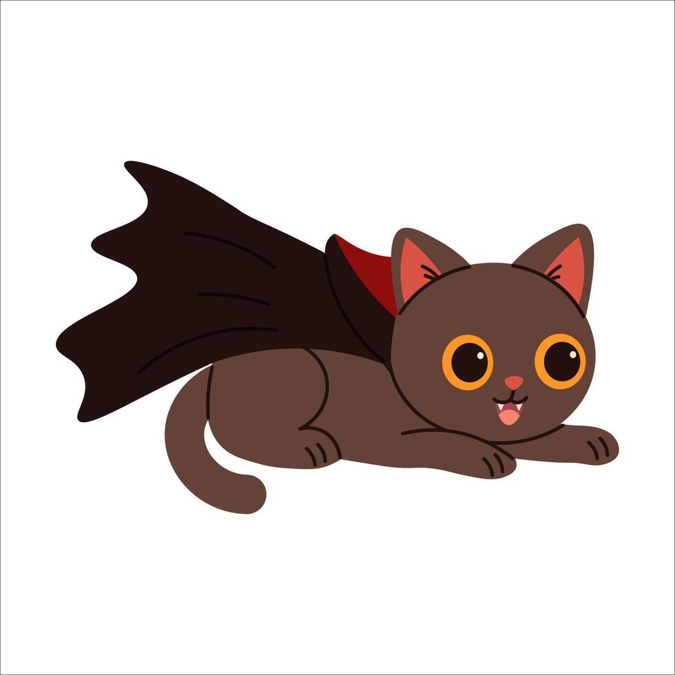 Cute cartoon cat in a vampire costume with a black and red cape, ideal for Halloween designs, spooky parties, themed decorations, and playful holiday illustrations. vector