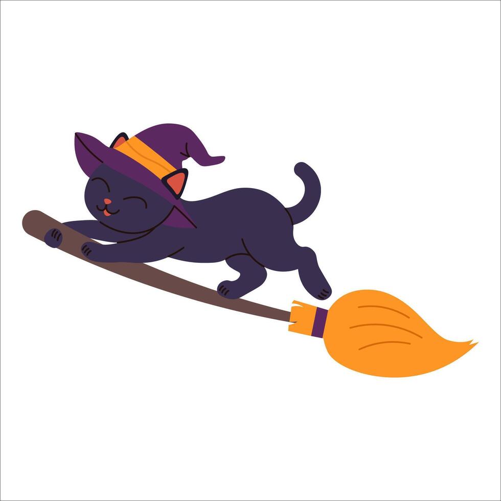 Playful black cat wearing a witch hat flying on a broomstick, perfect for Halloween-themed designs, greeting cards, decorations, and magical spooky illustrations. vector