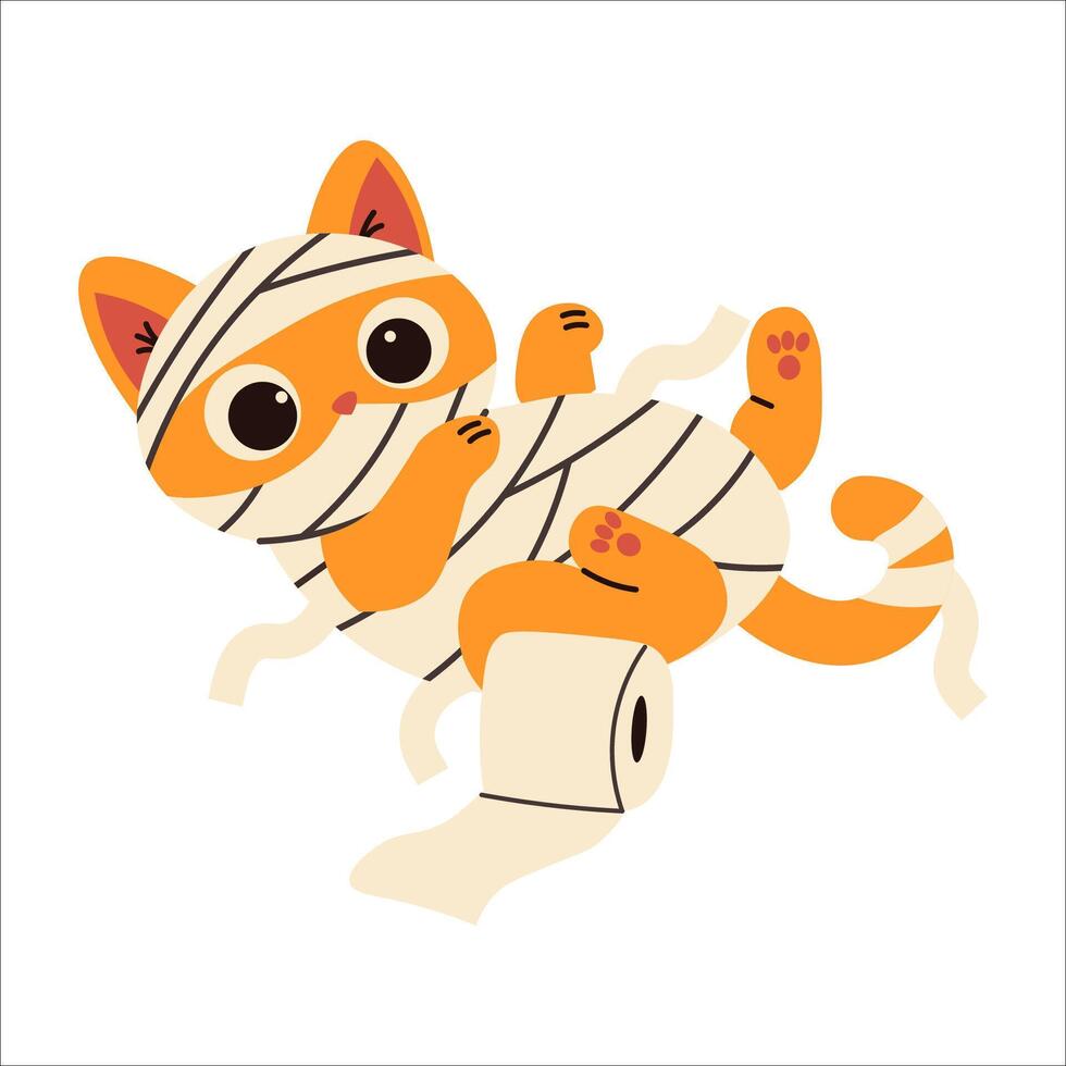 Playful orange cat wrapped in mummy bandages with toilet paper, perfect for Halloween-themed designs, cute spooky illustrations, party decor, and funny seasonal artwork. vector