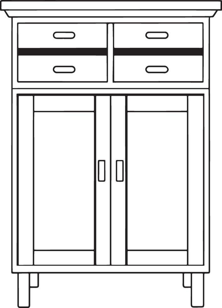 Wooden bar cabinet drawing in clean outline with detailed storage perfect for home design elements vector
