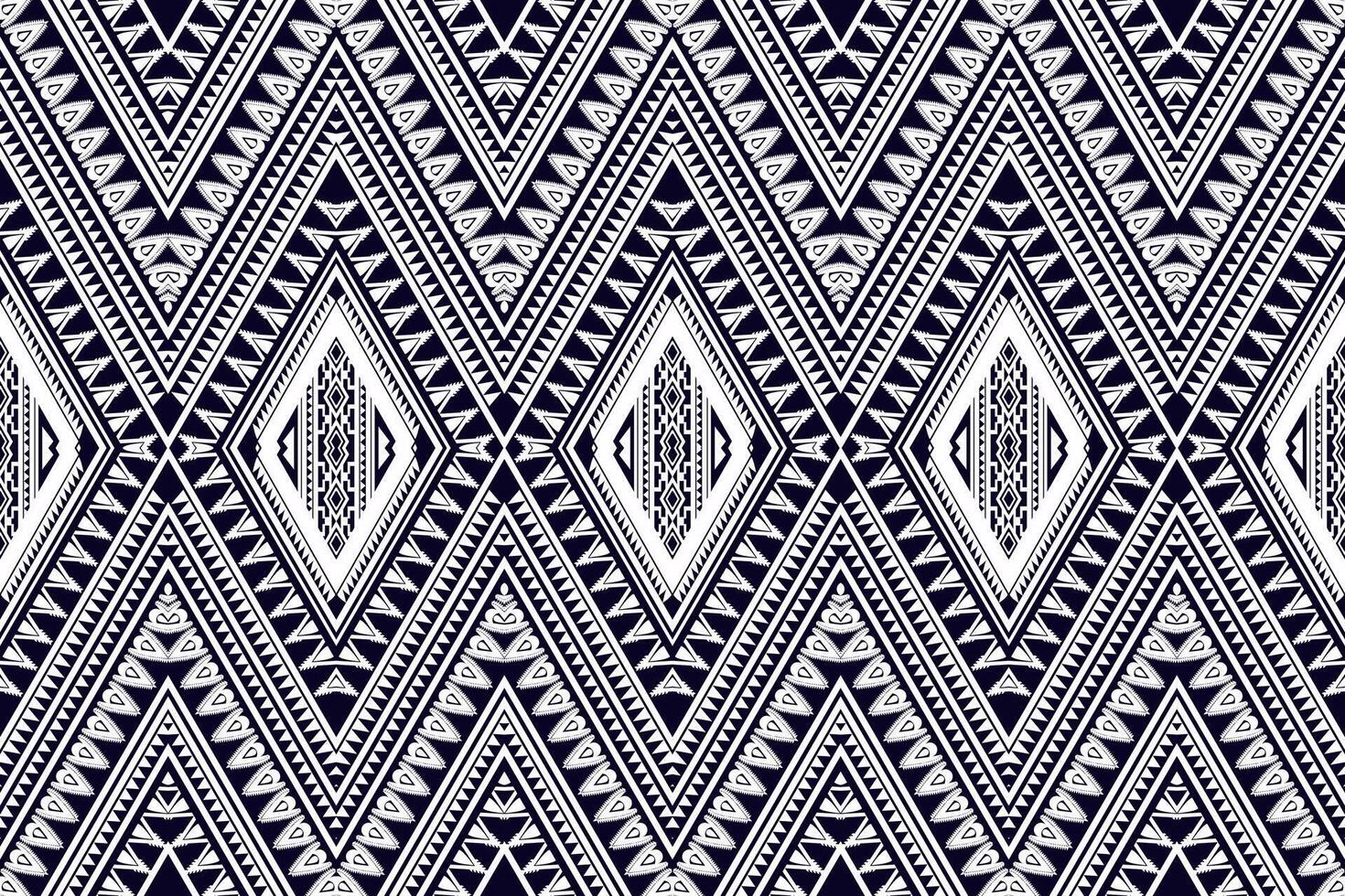 Seamless tribal geometric pattern in black and white. Intricate symmetrical design with ethnic, Aztec-inspired diamond shapes, arrows, and decorative lines, ideal for textiles, wallpapers vector