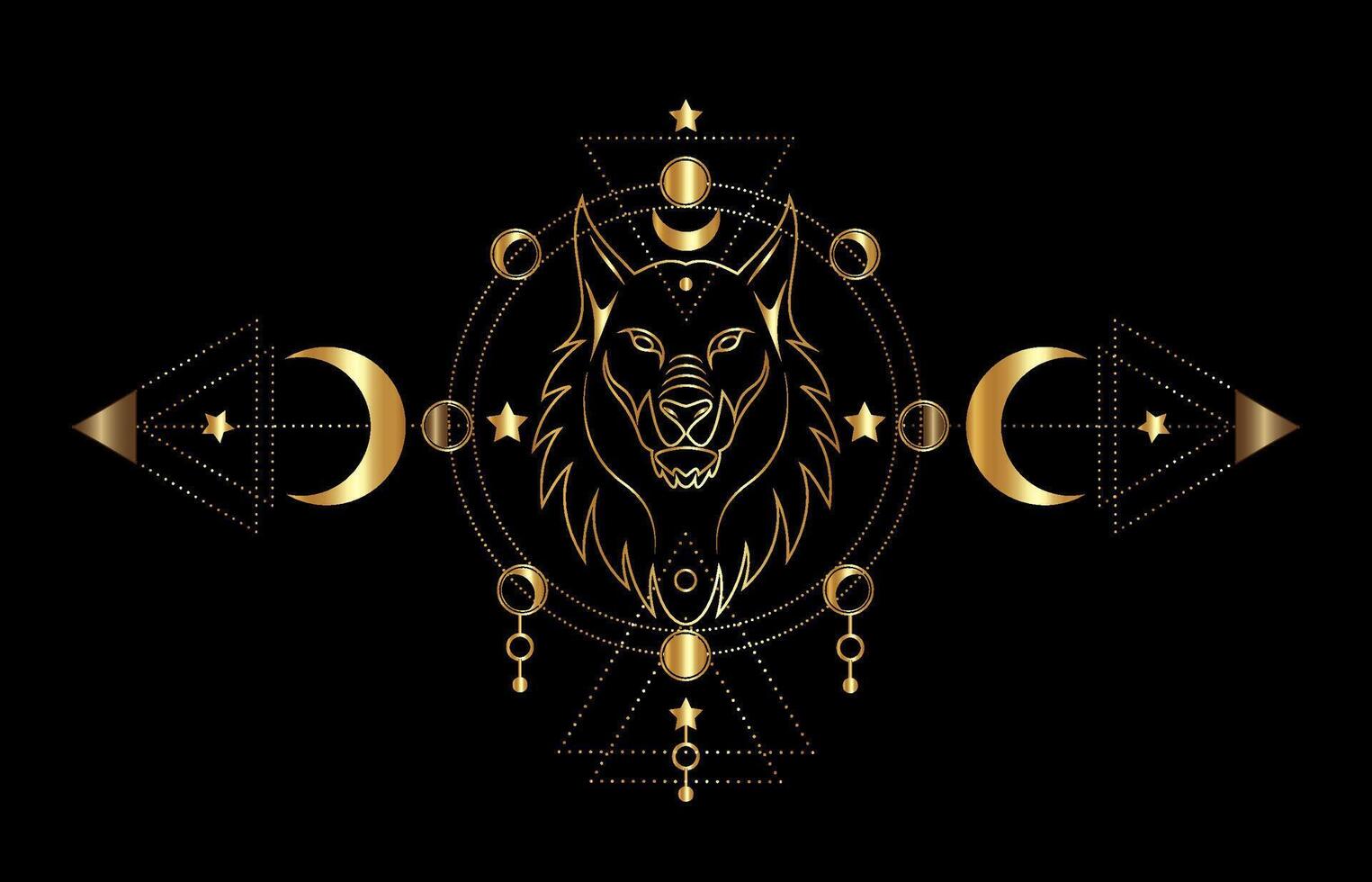 Mythological wolf or mystical Fenrir on Sacred Geometry and Moon Phases. Gold luxury illustration of Sacred ethnic wild animal isolated on black background vector