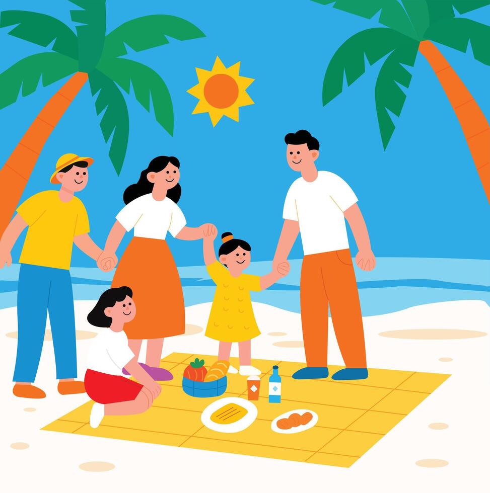 Family enjoying a picnic on the beach vector