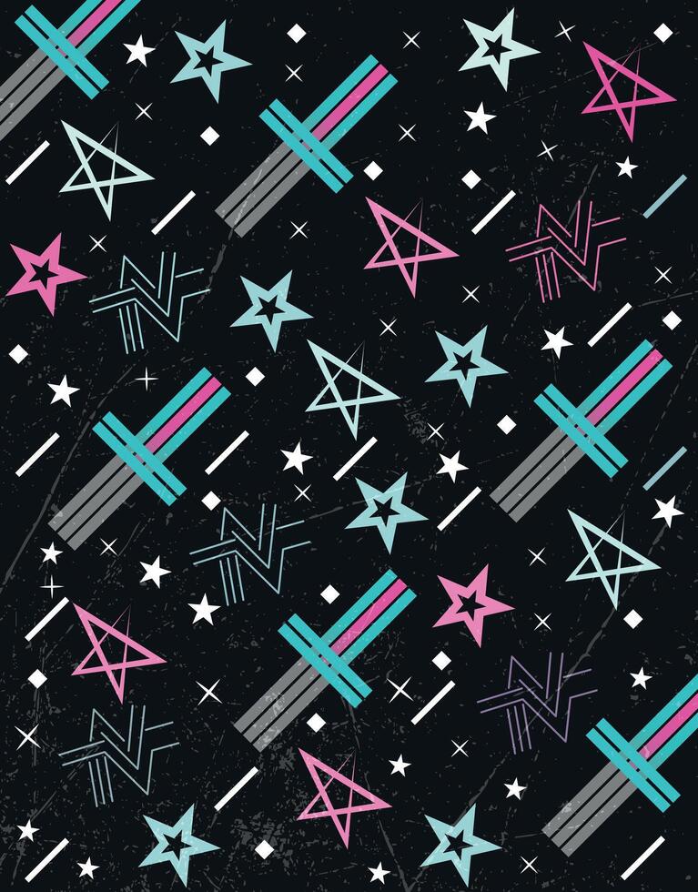 Retro Neon Stars and Shapes on Grunge Black Background vector