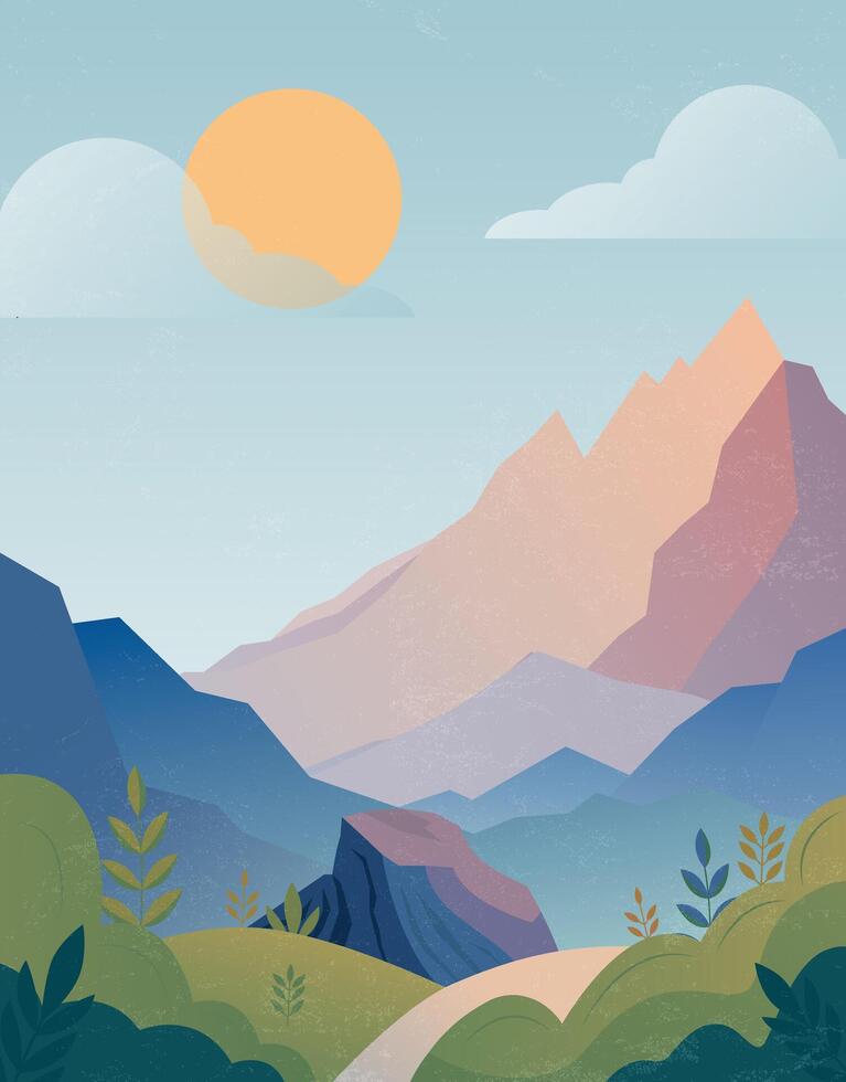 Minimal Mountain Landscape with Sun and Plants vector