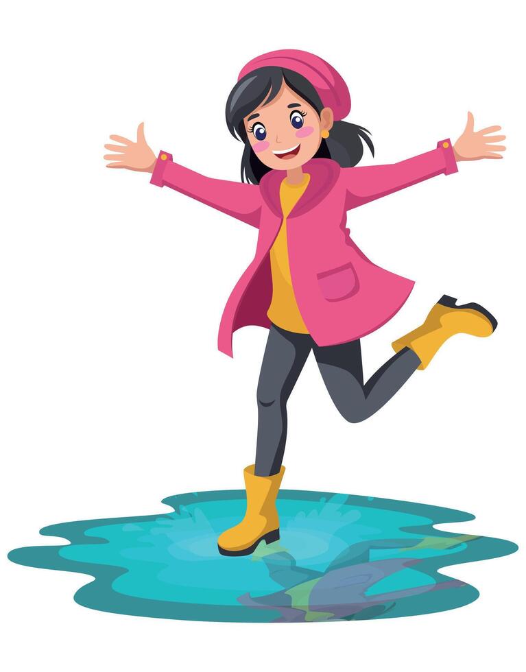 Happy Girl in Raincoat Jumping in Puddle vector