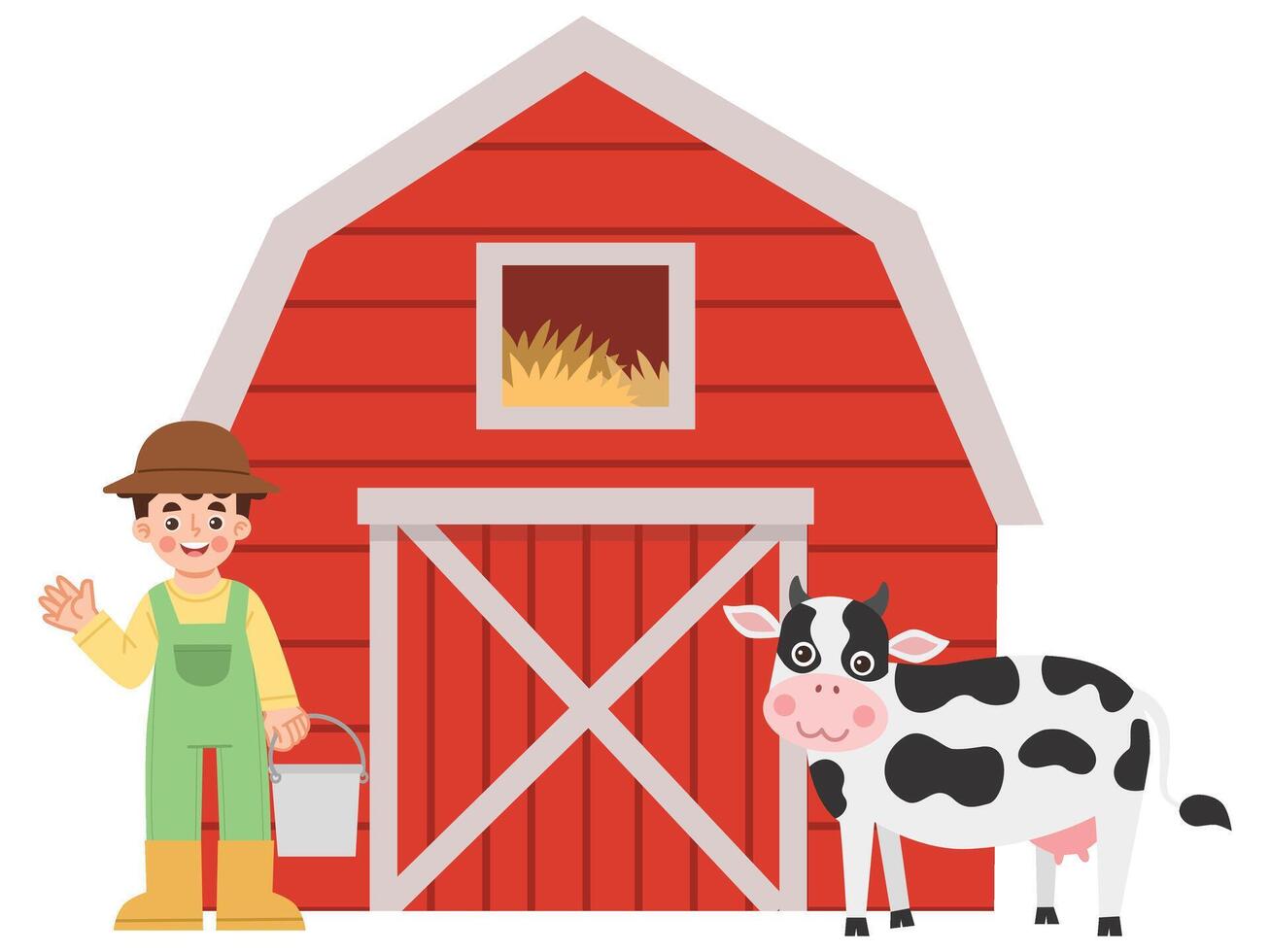 Illustration of farmer with cows in front of barn vector