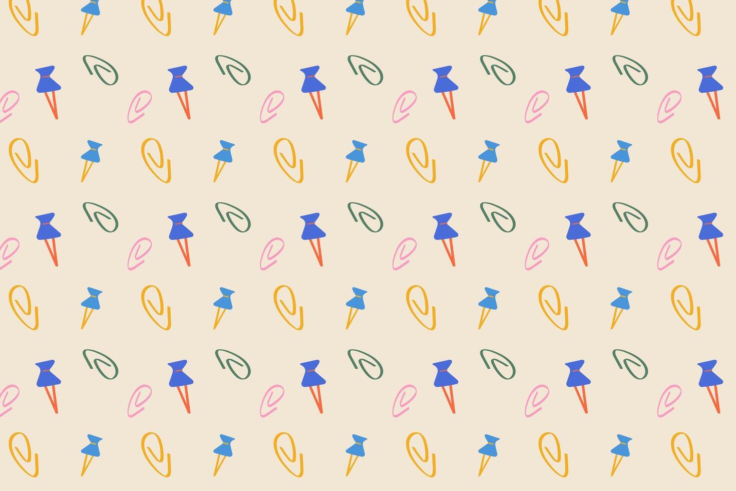School stationery pattern with colorful push pins and paper clips on beige background Ideal for notebooks planners kids fabric and education themes vector
