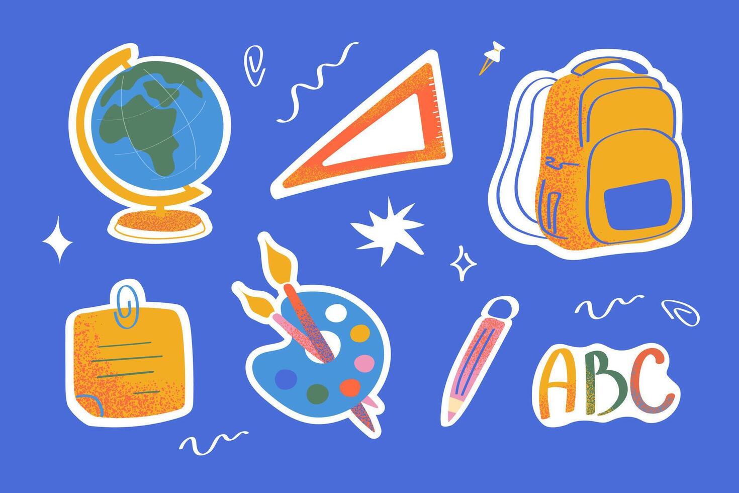 Bright school stickers with backpack, globe, triangle pencil and palette on blue background. Fun flat pack for kids, educational materials and creative projects. vector