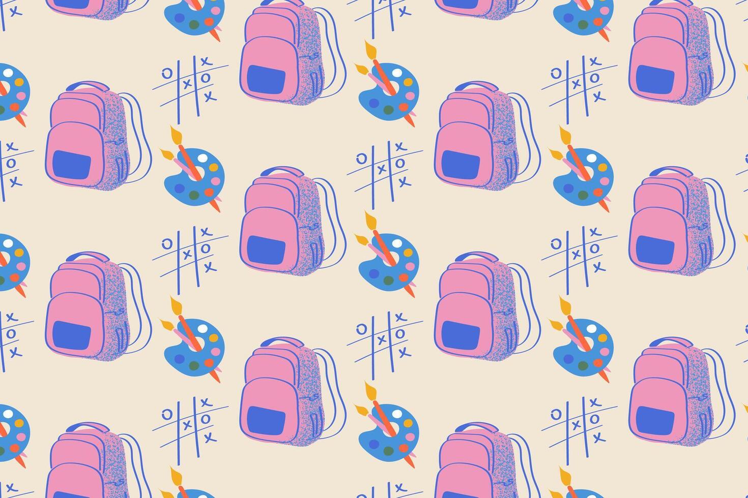 Back to school pattern with pink backpacks, art palette and fun tic tac toe designs. Great for kids stationery packaging, school supplies and merchandise. vector