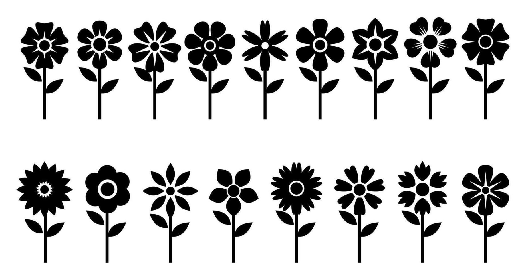 Flower Silhouette Icon Set - Minimalist Black Floral Designs Isolated on White Background vector
