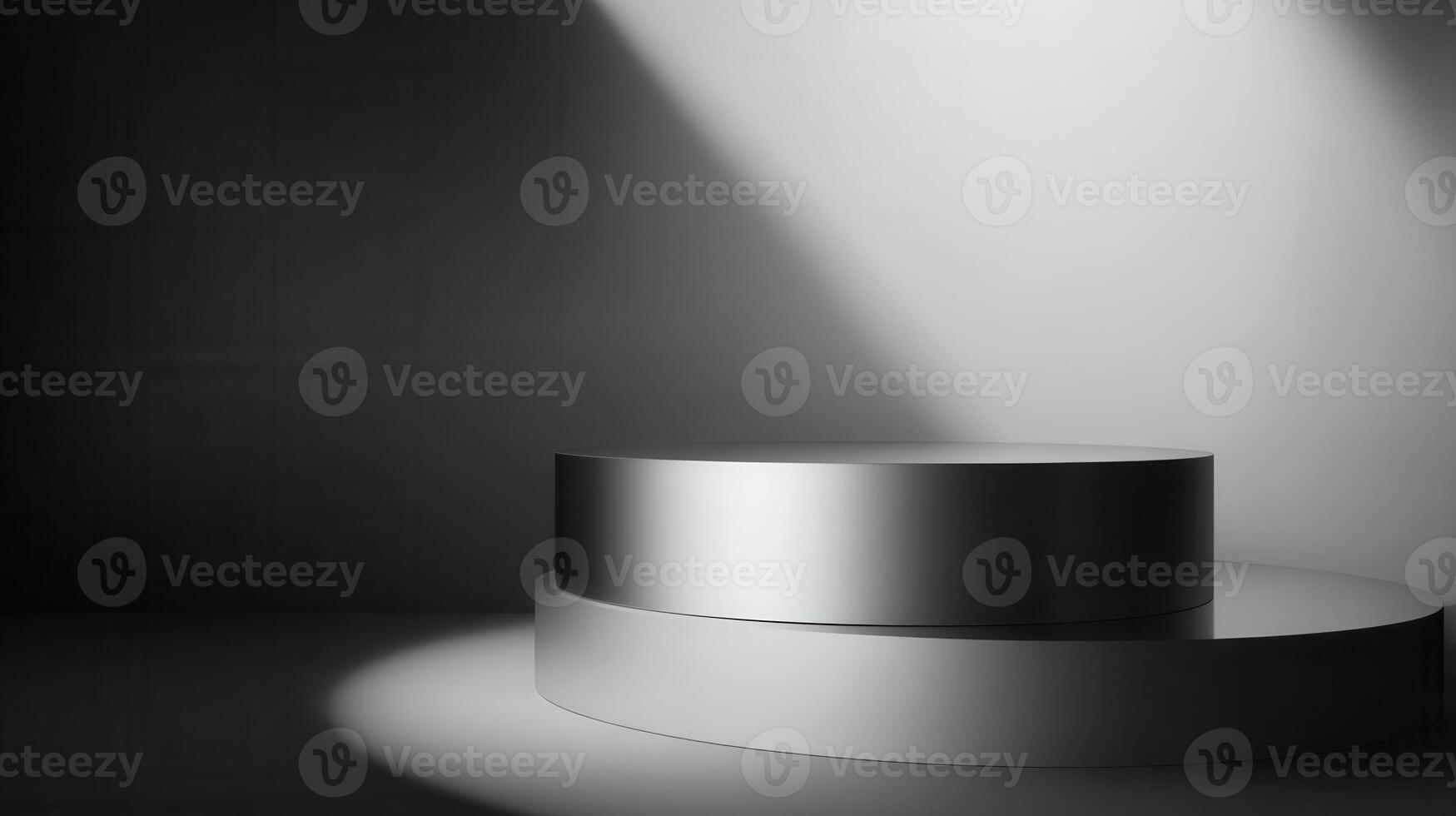 Silver cylindrical pedestal Elevated smooth and metallic Spotlight accentuates form and surface Ideal for display Sleek modern and eye-catching photo