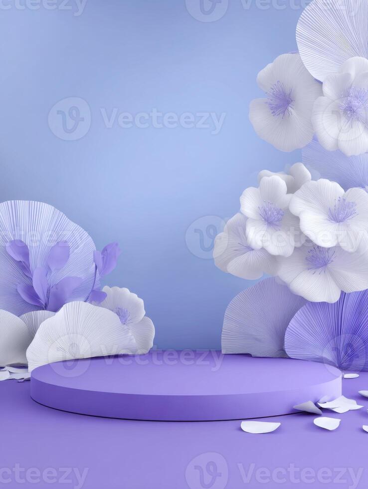 A serene showcase featuring a round lavender platform surrounded by delicate paper flowers and petals. photo