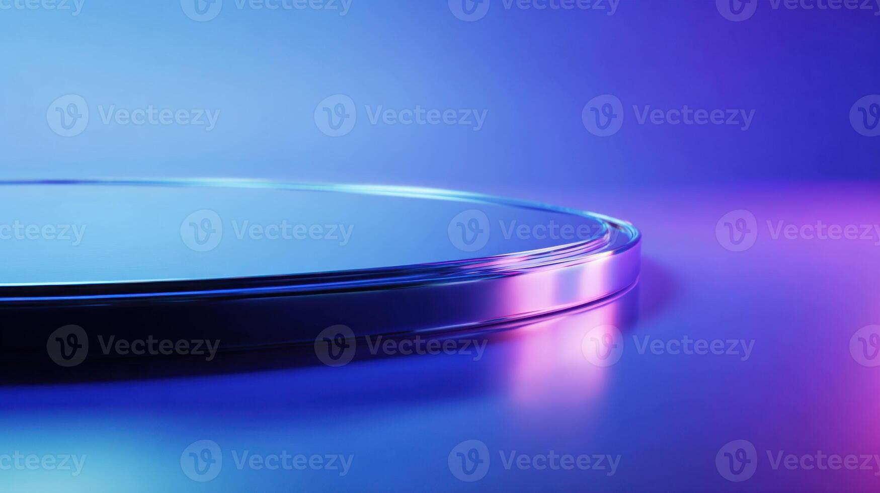Sleek round platform with a glossy metallic rim illuminated by vibrant blue and pink lighting A product display surface photo