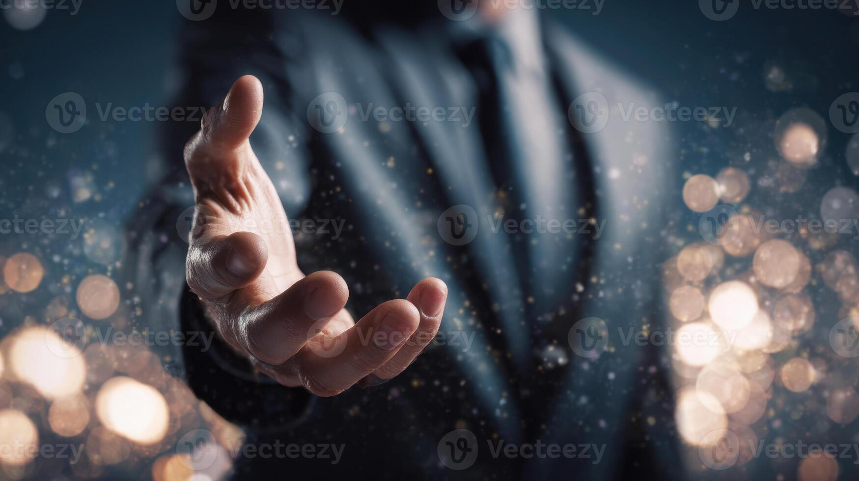 An open hand reaches out from a man in a suit set against a dark backdrop with bokeh lights A gesture of offering or connection photo