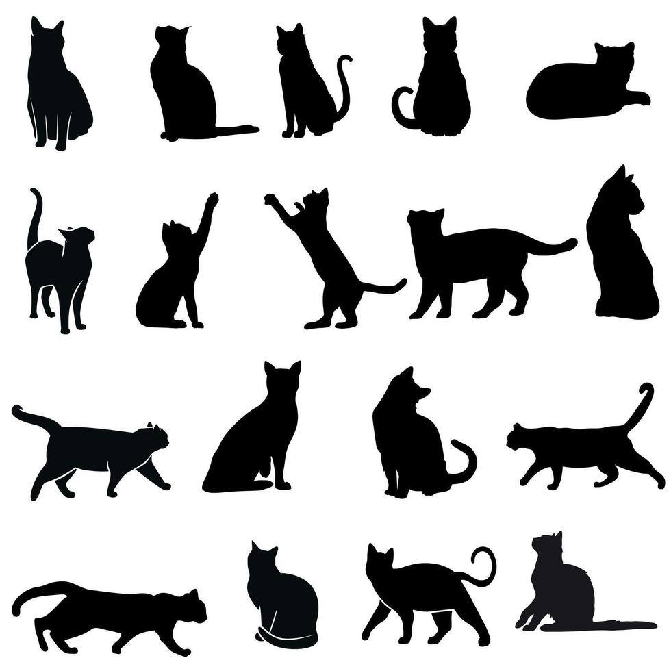 Graceful black cat silhouettes in dynamic poses, set against a white background. Ideal for branding, prints, and apparel. Sleek minimalist design meets modern feline elegance vector