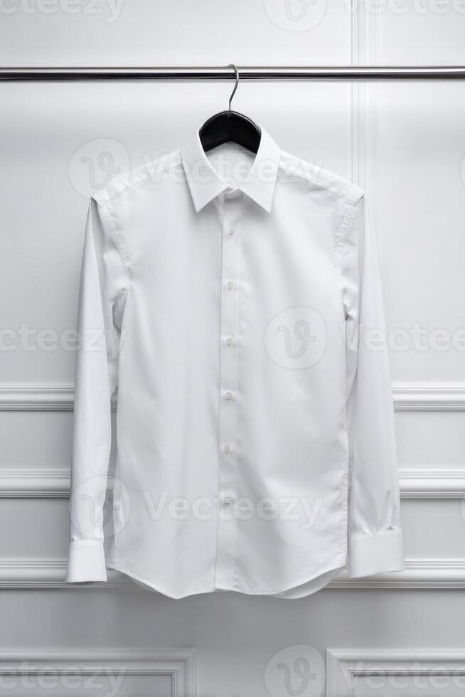 A crisply ironed, pristine white collared shirt hangs neatly on a black hanger against a textured white wall. photo