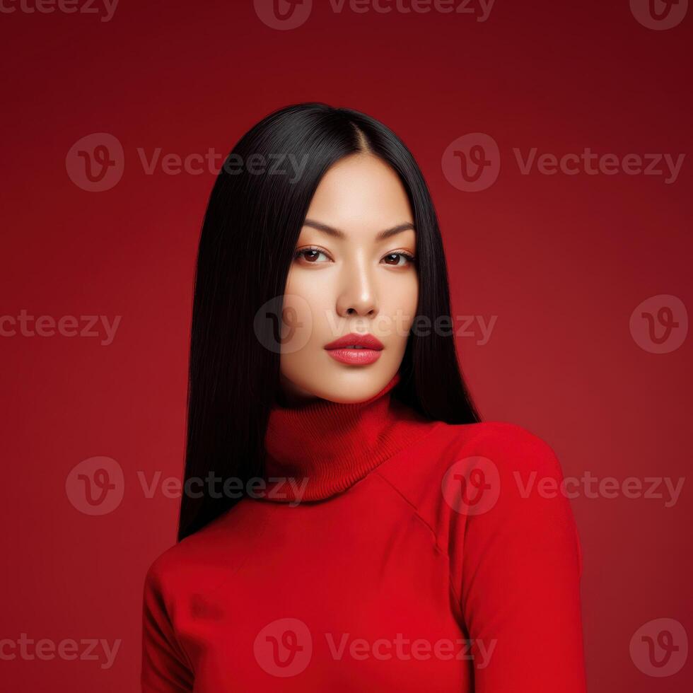 Striking portrait of a woman with sleek black hair and red lipstick against a vibrant red backdrop exuding confidence and poise photo