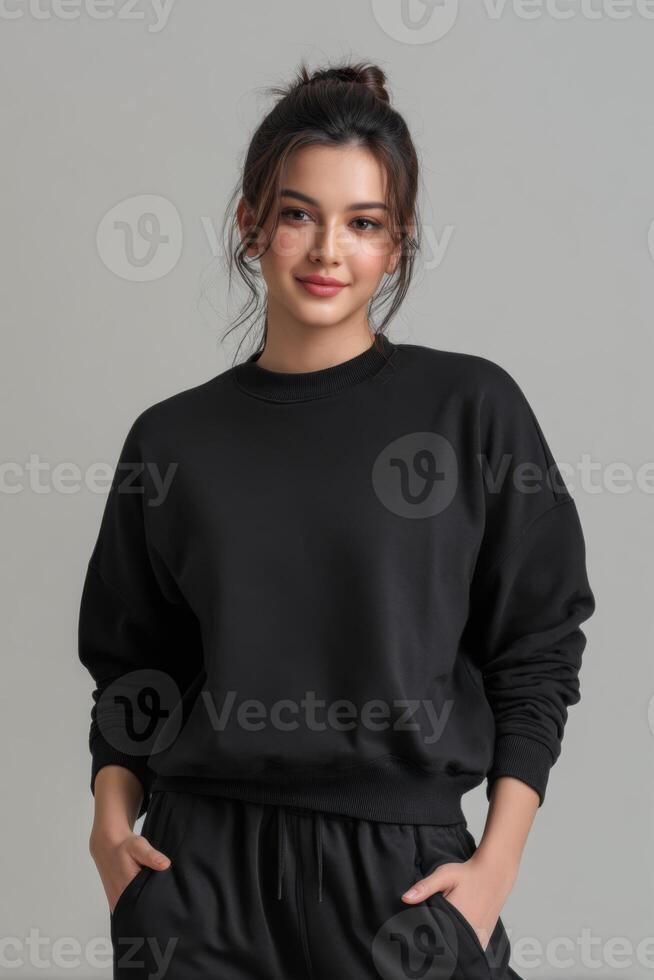 Woman in a relaxed pose, sporting a comfortable black sweatshirt and matching lounge pants. Casual and stylish. photo