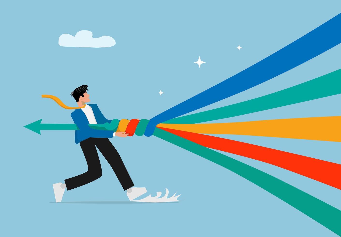 Businessman Pulling Colorful Lines Symbolizing Strategy and Direction Concept vector