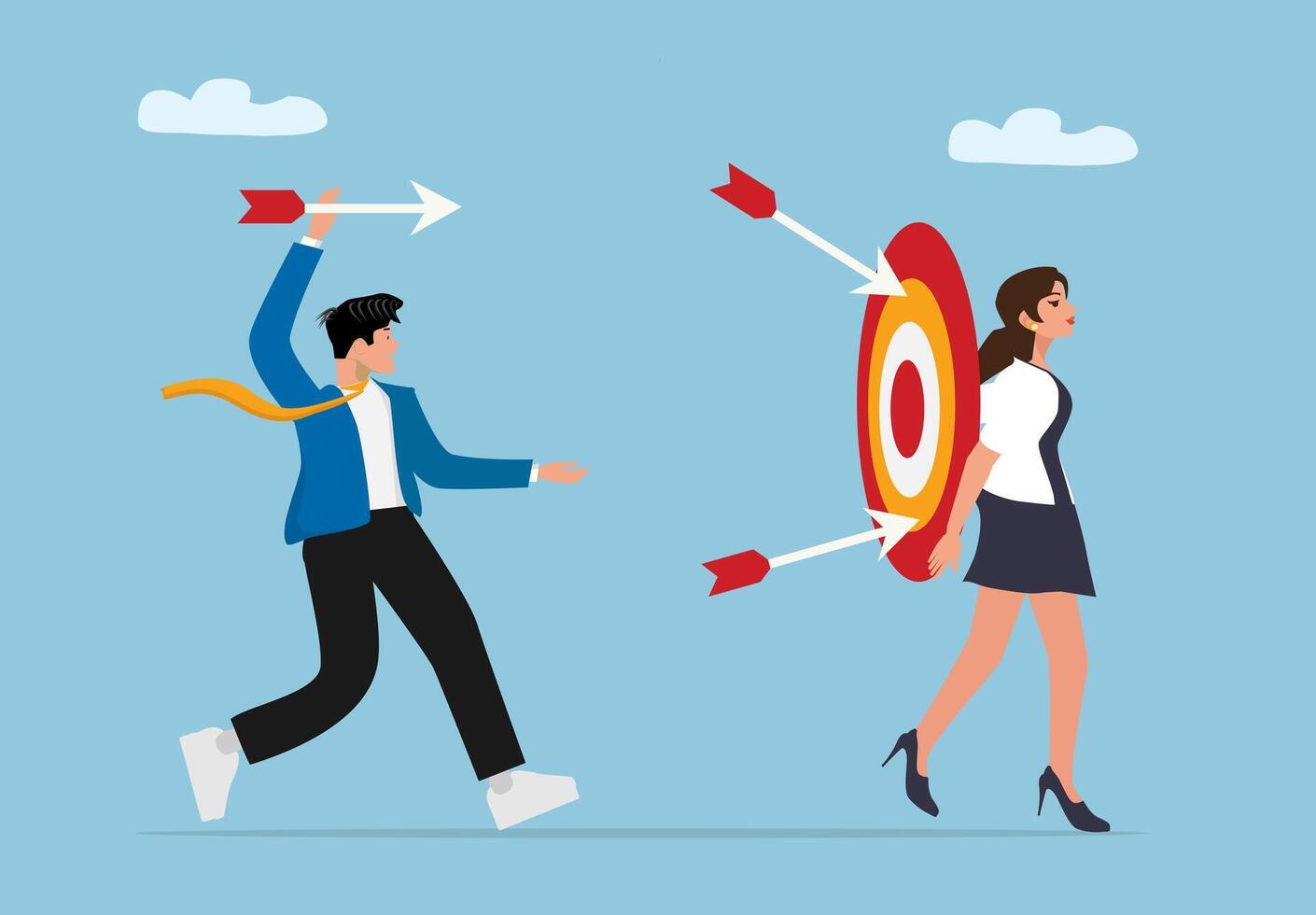 Man Throwing Arrows at Target on Woman Back Representing Unbalanced Effort in Relationship vector