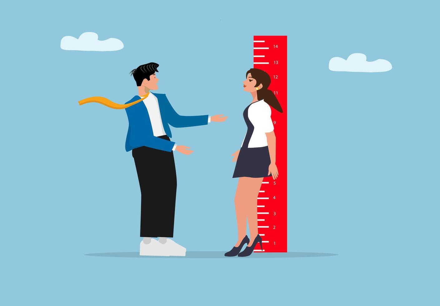 Businessman and Businesswoman Comparing Height with Measurement Scale vector