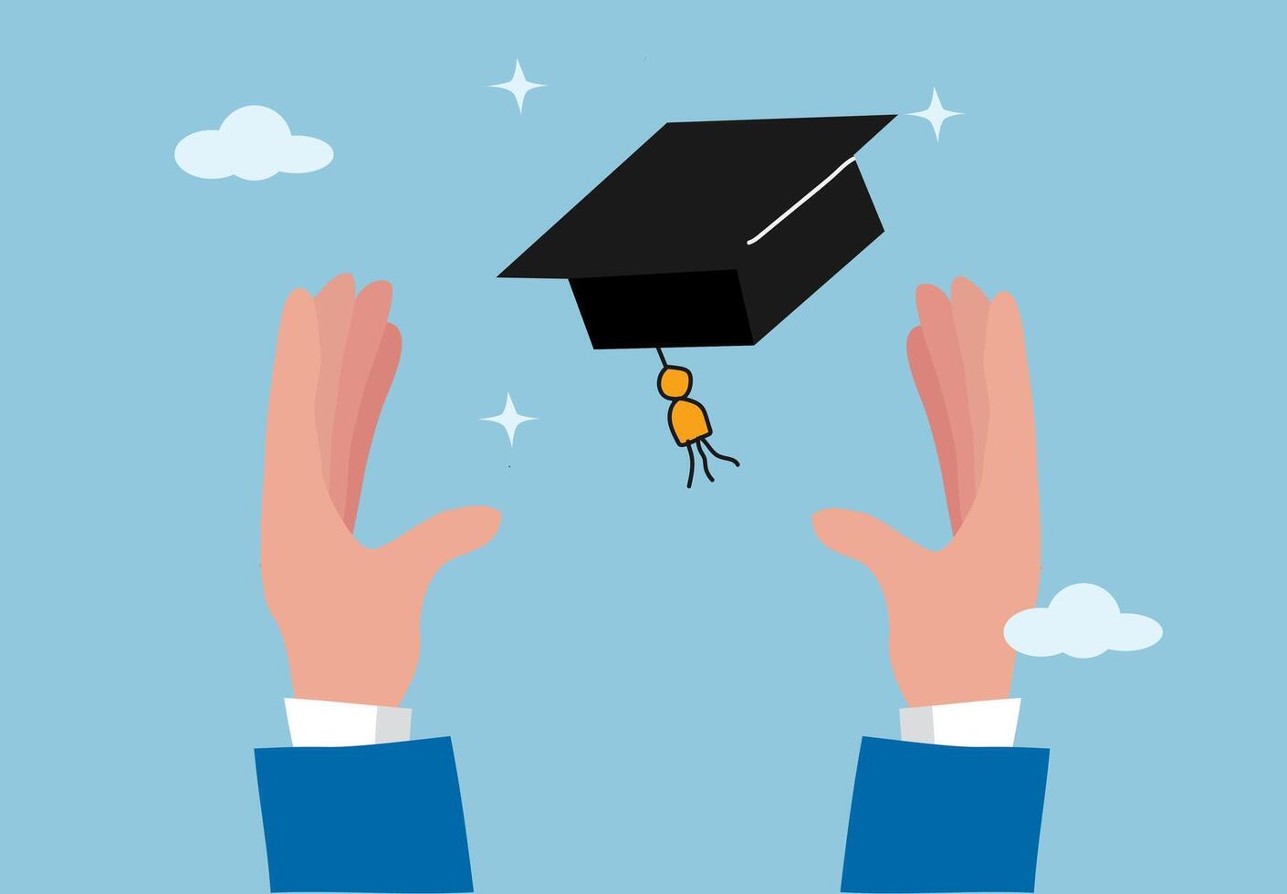 Graduation ceremony celebration illustration with hands throwing academic cap in the sky vector