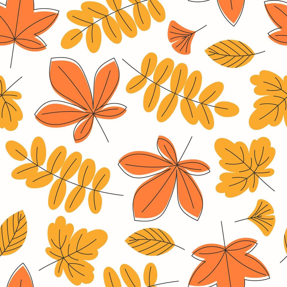 Seamless Autumn Pattern Yellow and Orange Leaves on White Background Flat Style vector
