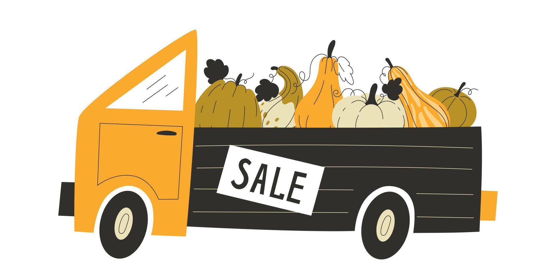 Flat style autumn truck with pumpkin sale for fall market vector