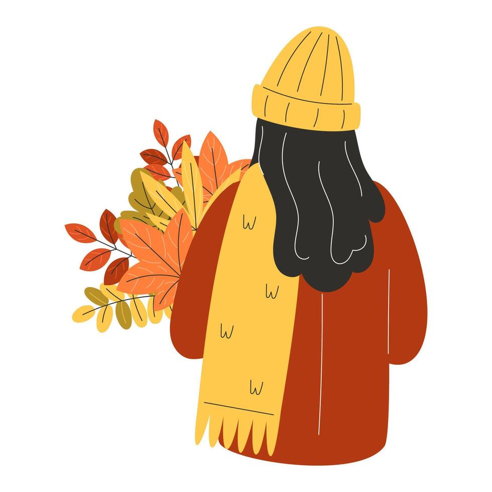 Autumn woman holding colourful fall leaves bouquet flat illustration on white background vector