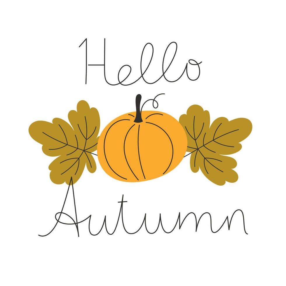 Hello Autumn Pumpkin Composition with Fall Leaves Illustration vector