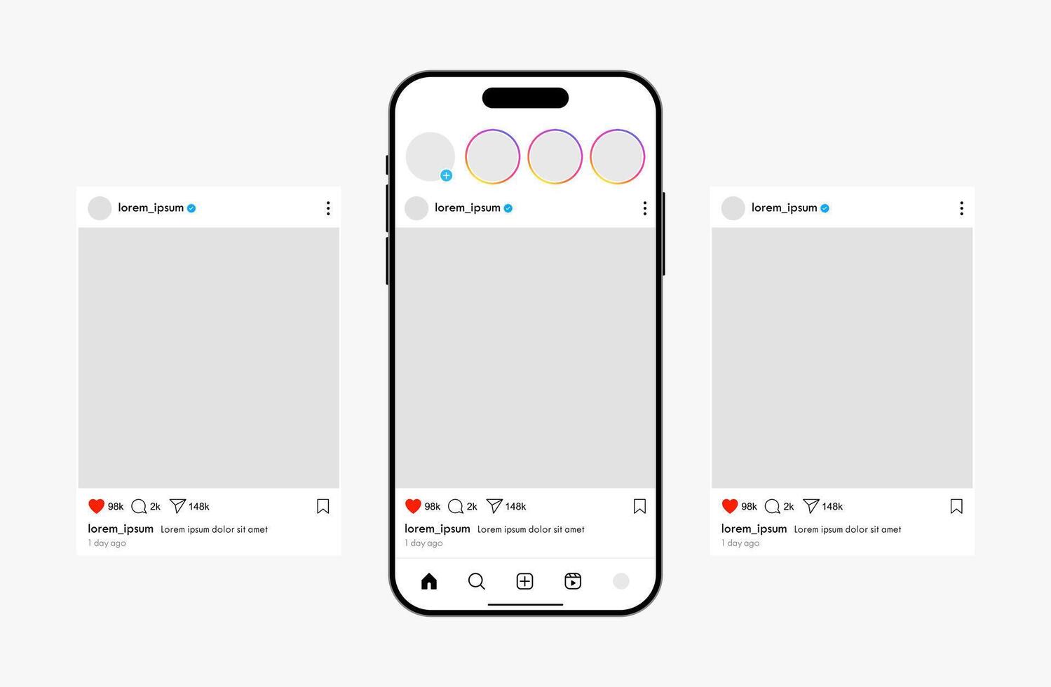 Social media post feed smartphone mockup template. Social network app layout on mobile phone illustration vector