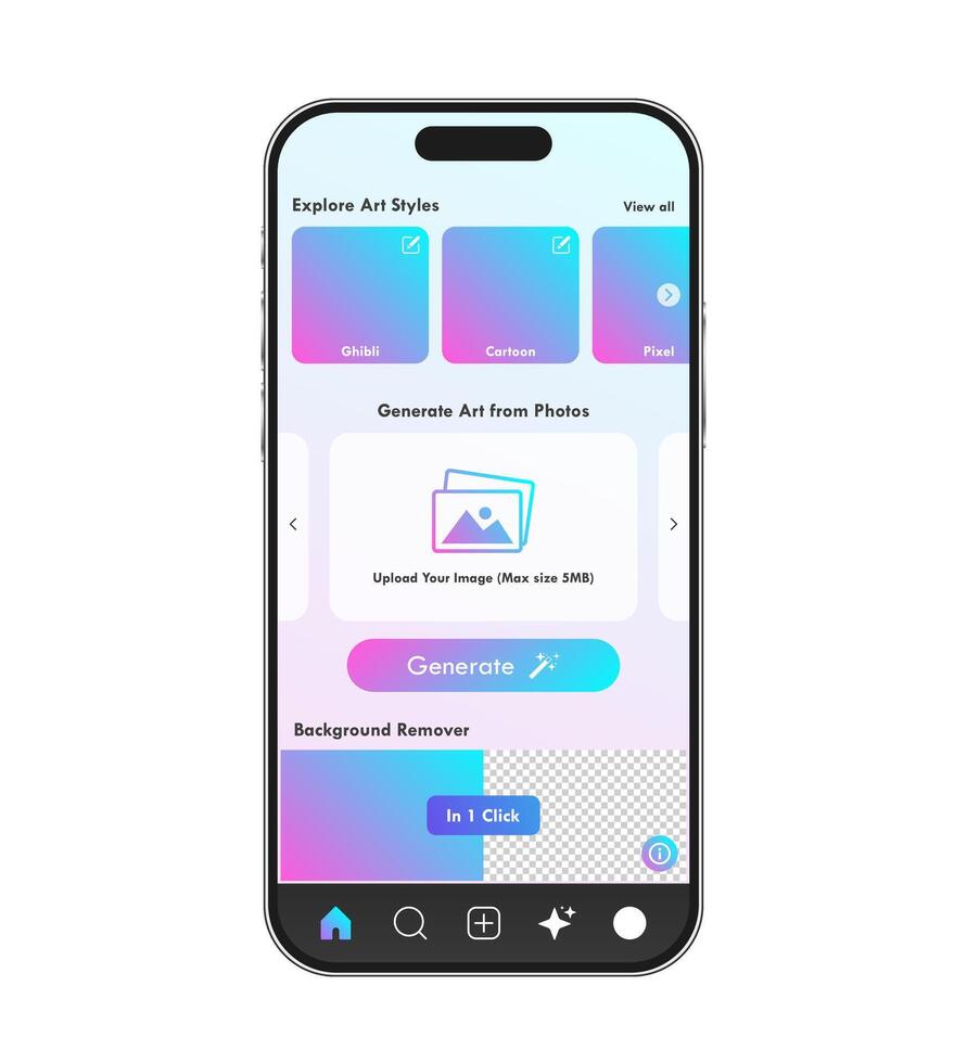 Artificial intelligence application user interface in mobile phone. AI generate app mockup template smartphone layout illustration vector