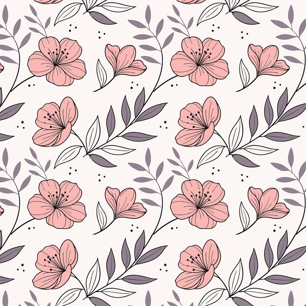 Seamless pattern with delicate pink flowers and purple leaves on a light background vector