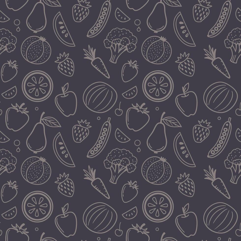 Seamless pattern of white outline fruits and vegetables on dark background vector