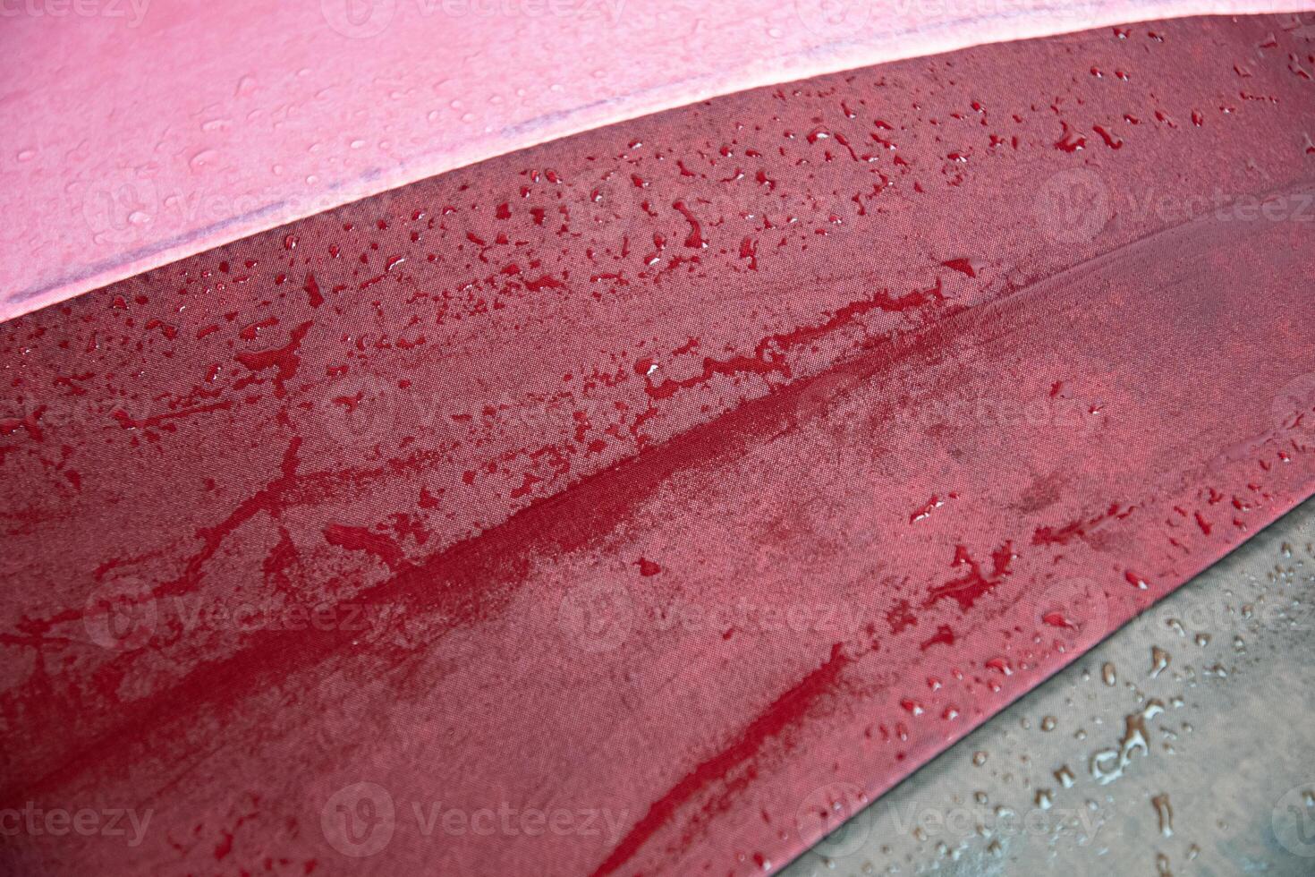 Raspberry red color surface of wet umbrella closeup with water drops photo